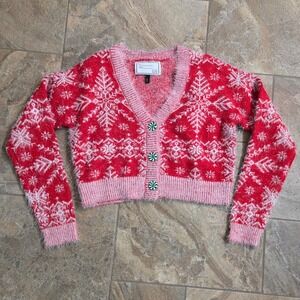 With Love Derek Red Snowflake Fuzzy Cropped Cardigan Peppermint Buttons Small